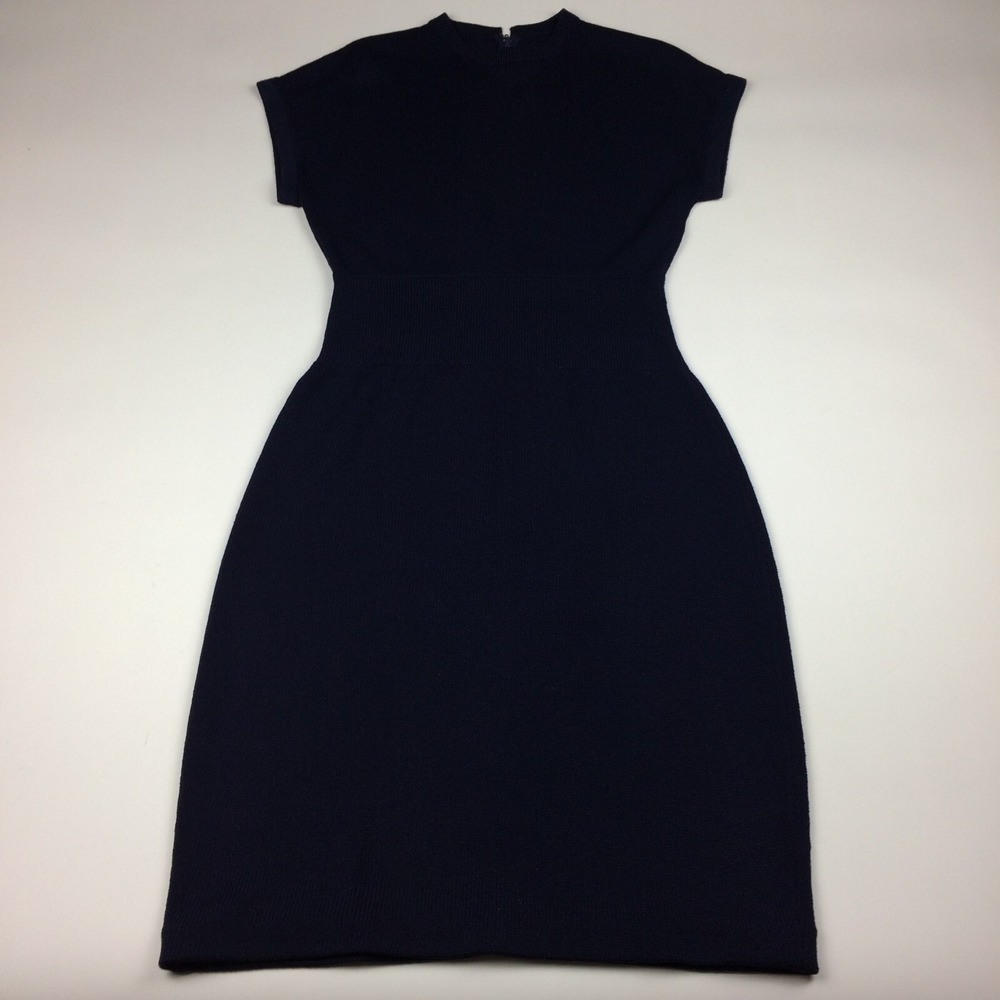 Vtg St John Dress Womens 10 Santana Knit Marie Gray Sheath Made in USA Navy Blue